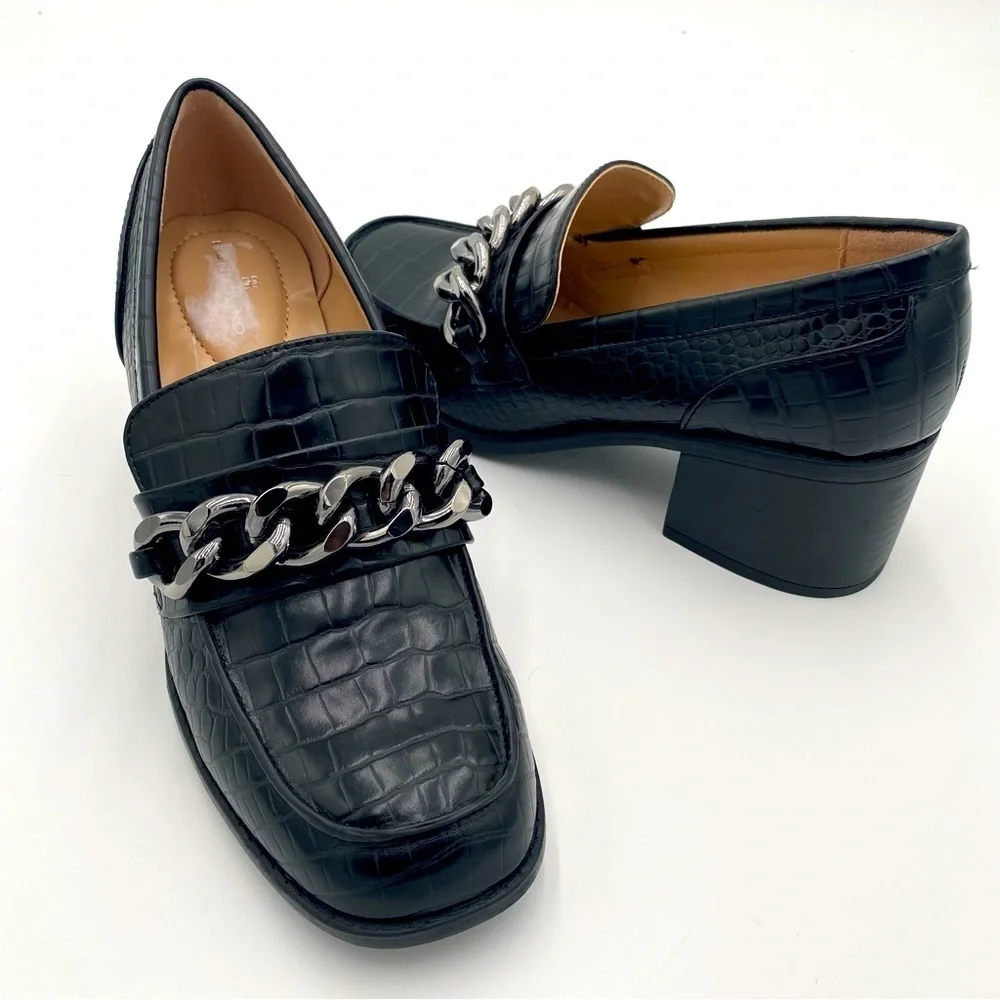Bandolino Misha Croc Print Slip On Loafers‎ Chunky Block Heeled Shoes Black 6.5